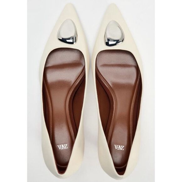 Zara Women's Metal Detail White Leather High Heel Shoes Pointed Toe Size US 9 - Picture 7 of 9